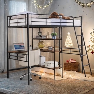 Twin Size Metal Loft Bed and Built-in Desk and Shelves