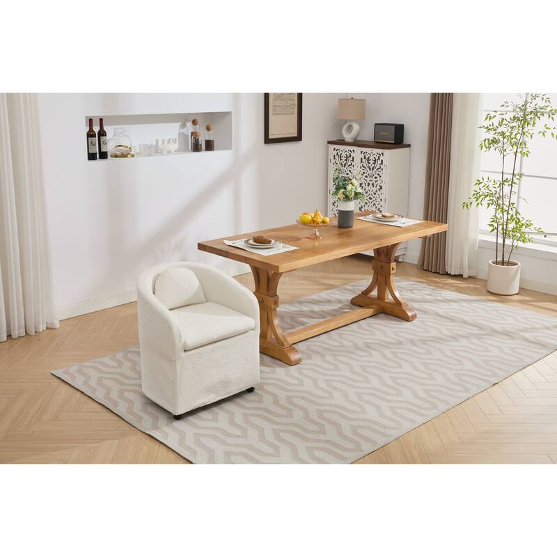 Set of 1 Chenille Fabric Dining Armchair With Back Cushion and Universal Wheels,Beige
