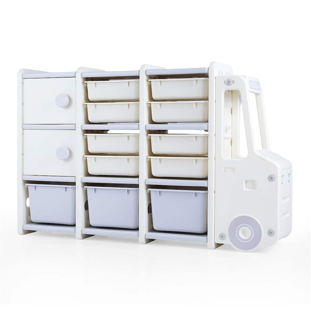 Off White and Grey Truck Shaped Kids Toy Storage Organizer with Bins and Cabinets HDPE Playroom Cabinet for Toddlers