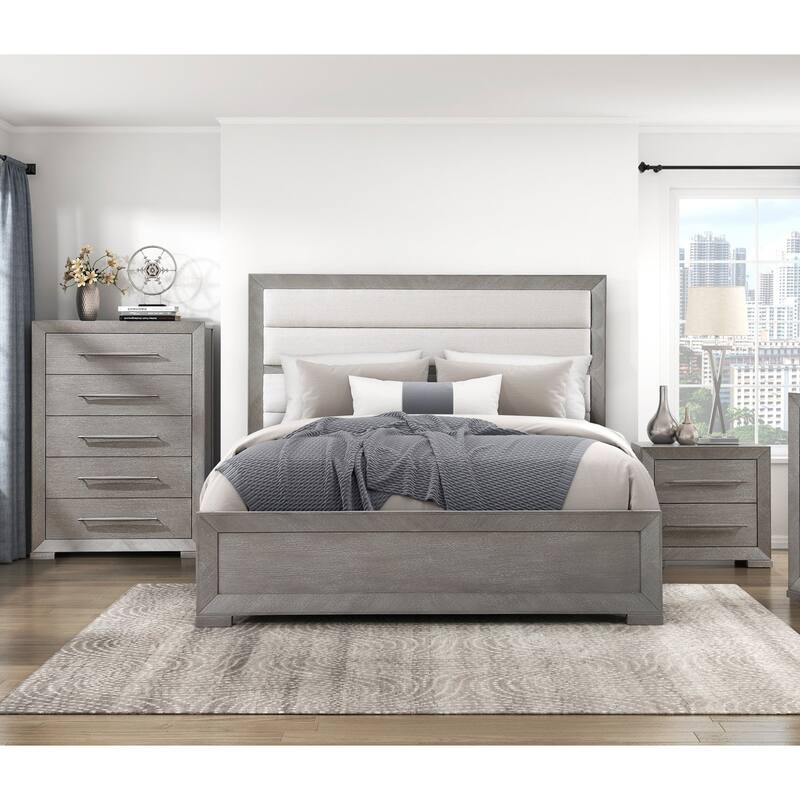 Modern Gray Finish Bedroom Furniture 3pc Set Upholstered Bed Nightstand Chest