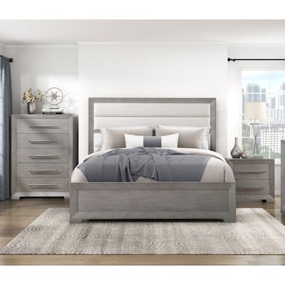 Modern Gray Finish Bedroom Furniture 3pc Set Upholstered Bed Nightstand Chest