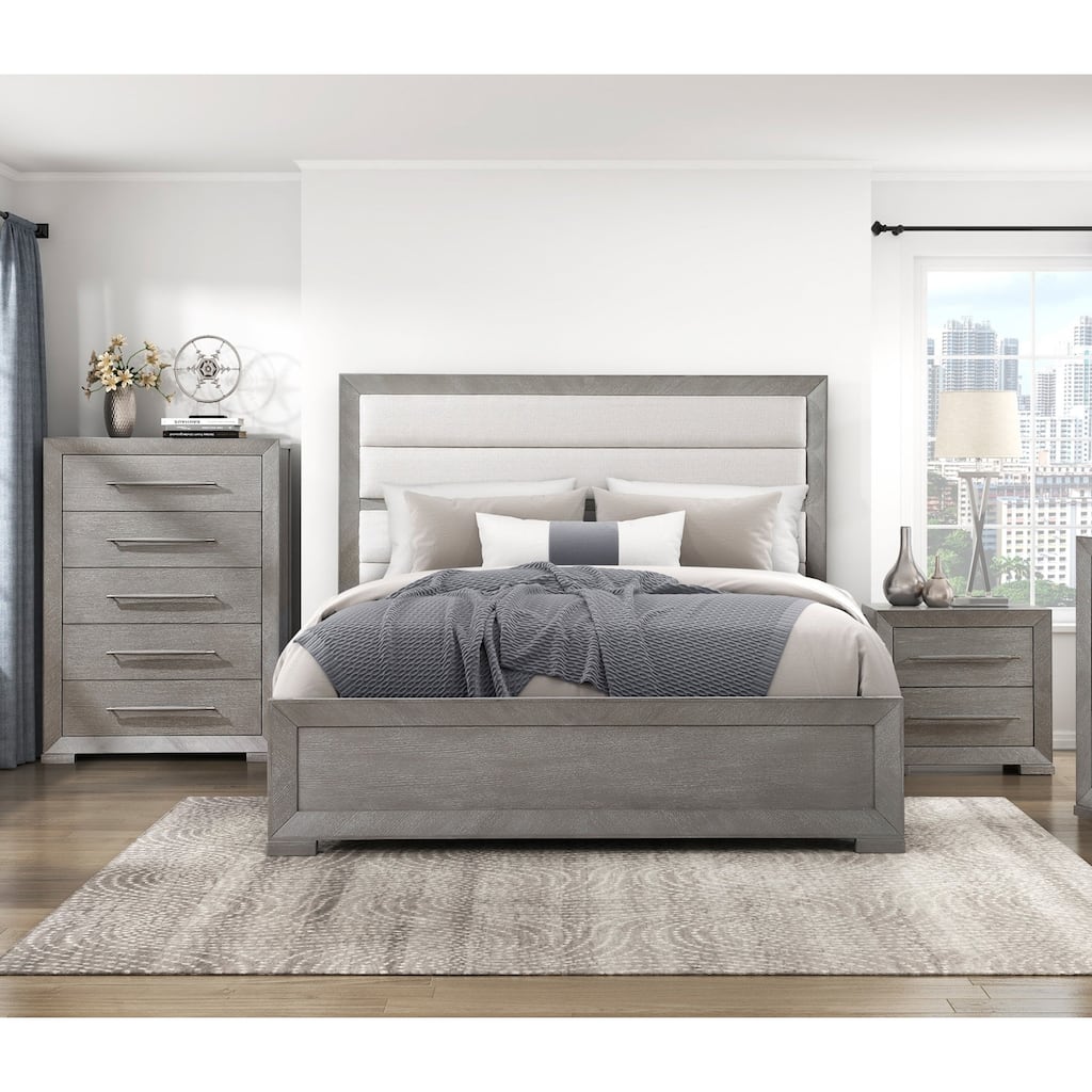 Modern Gray Finish Bedroom Furniture 3pc Set Upholstered Bed Nightstand Chest