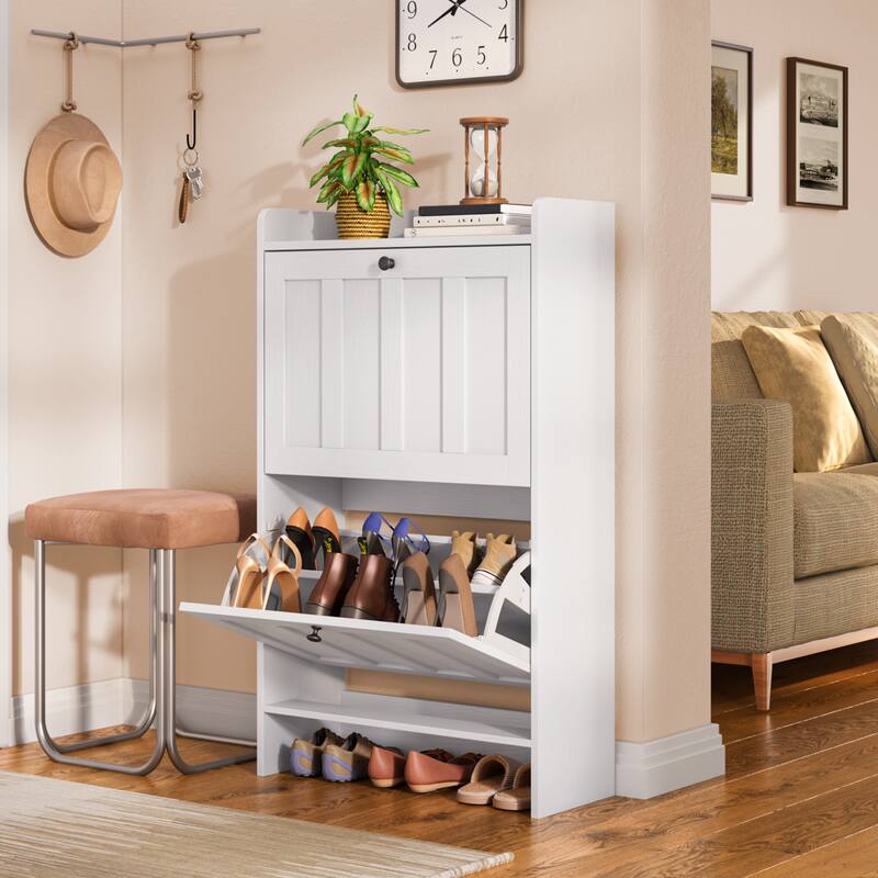 Shoe Cabinet with Flip Drawers, Slim Shoe Storage Cabinet for Entryway, Freestanding Narrow Rack with Open Storage - White - 2 Flip Drawer