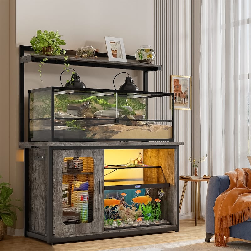 Heavy Duty Aquarium Stand with Reversible Cabinet, 55-75 Gallon Fish Tank Stand with Power Outlets & LED Light - Grey Oak