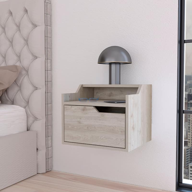 Wooden Double Shelf Hanging Bedroom Nightstand - Ash Grey