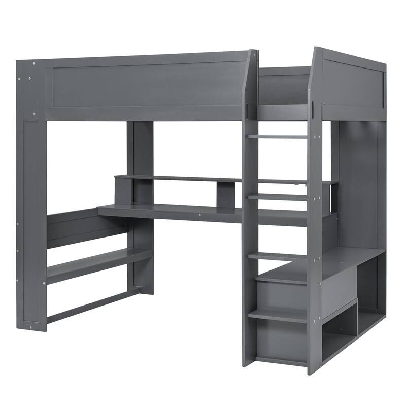 Wood Full Size Gaming Loft Bed with Desk, Multi-storage Shelves, LED and Charging Station, Dark Gray