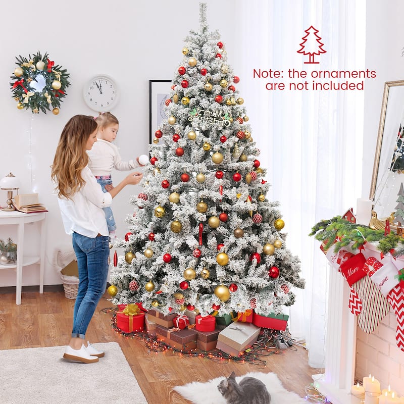 Gymax 6/7/8 FT Pre-Lit Snow-Flocked Xmas Tree 3-Minute-Setup