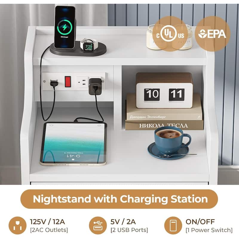 Nightstand with Drawers Charging Station End Side Table with Hutch