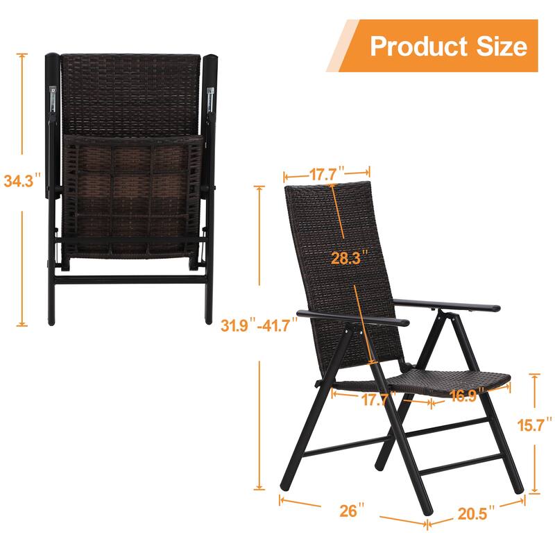 Outdoor Wicker Patio Folding Dining Chairs Set of 2, Adjustable Patio Rattan Recliner Wicker Chairs with High Backrest