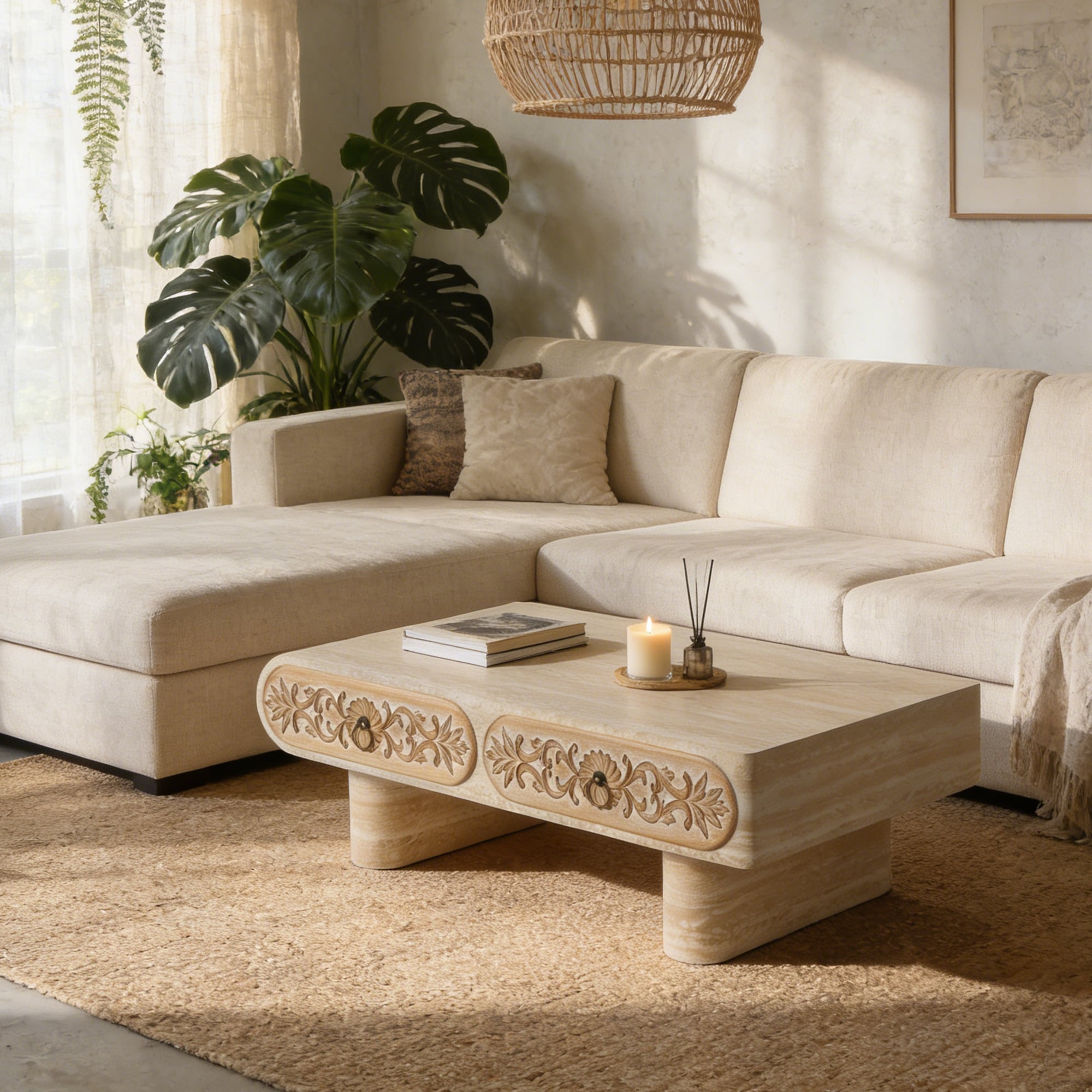 Rounded Edge Coffee Table with Flower Pattern Solid Wood Drawer, Coffee Table for Living Room, Office