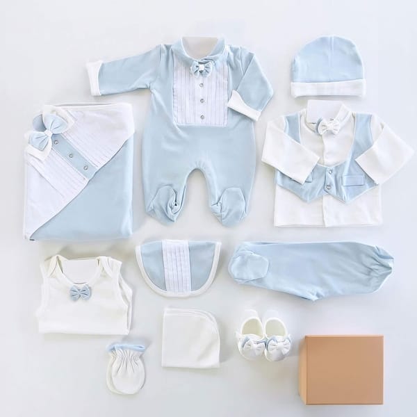 slide 2 of 5, Blue & White Newborn Baby Boy Homecoming Set with Bow Tie Detail- 10 Pcs