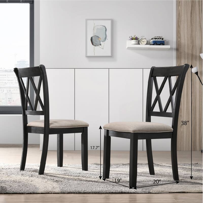 Black Wood Frame Coffee Chair Vanity Chair with Cross Backrest, Rustic Padded Armless Chair Side Chair Set of 3