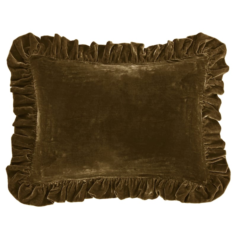 HiEnd Accents Stella Faux Silk Velvet Romantic Western Ruffled Dutch Euro Pillow, 27x39 inch - Green Ochre