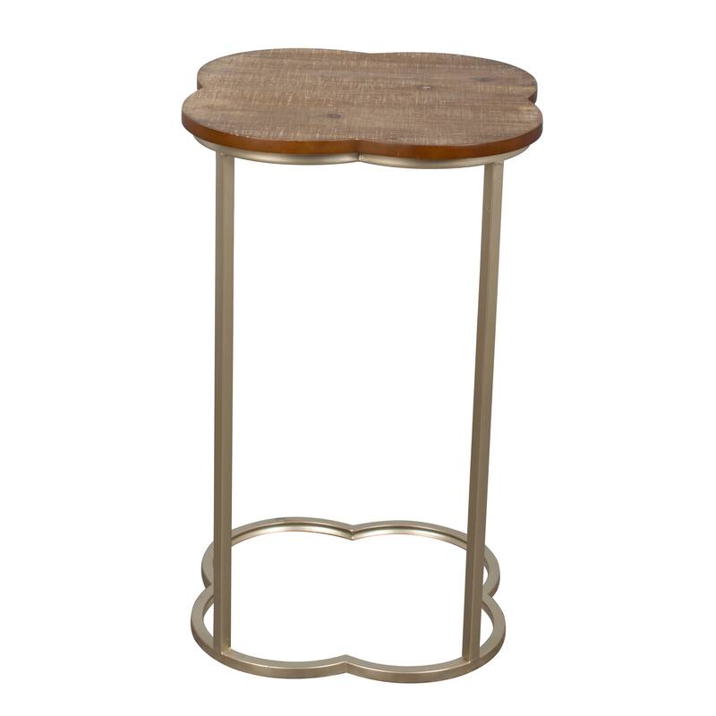 C-Shaped Quatrefoil Metal End Table, Natural Wood (Set of 2)