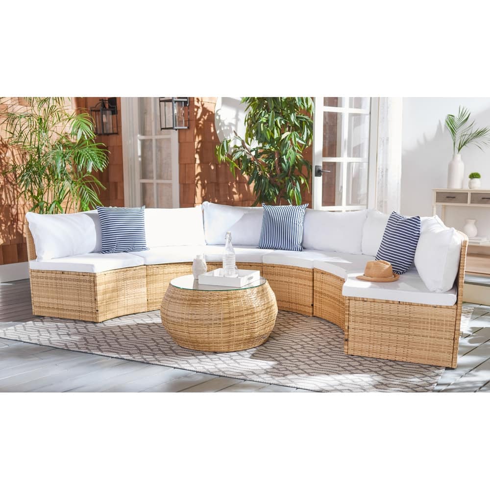SAFAVIEH Outdoor Patio Furniture Jesvita Demilune Half-Moon Wicker Patio Set - 67"W x 28"D x 29"H