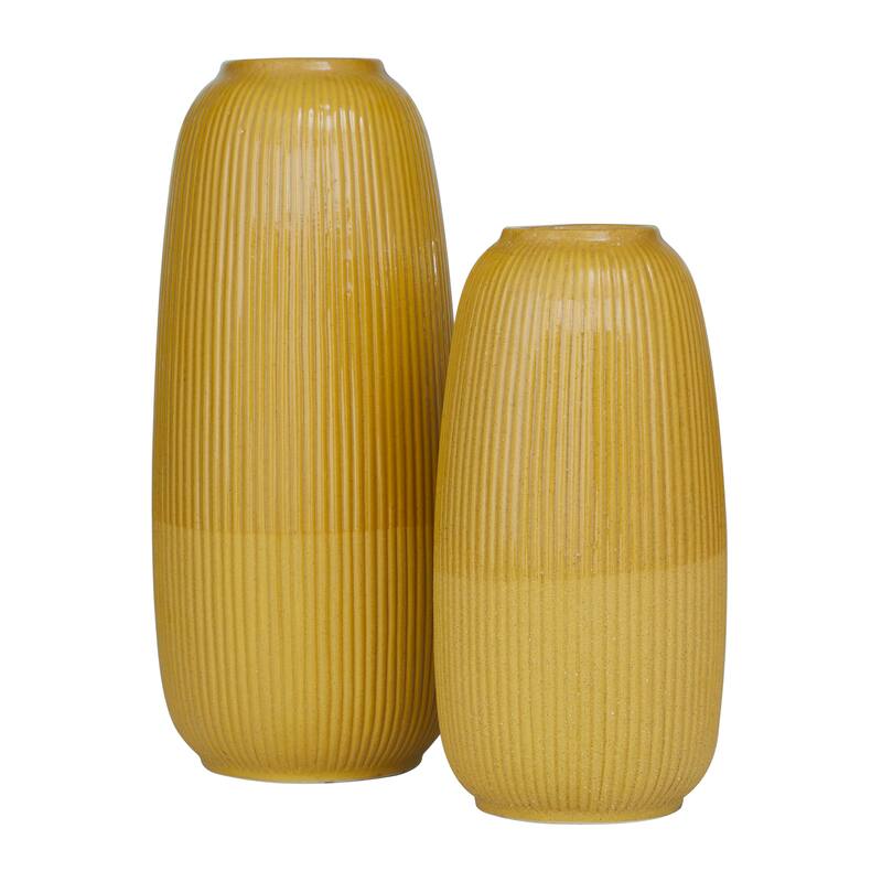 CosmoLiving by Cosmopolitan Ceramic Vases with Eye-Catching Ring Ribbing (Set of 2) - Yellow, White, Dark Blue