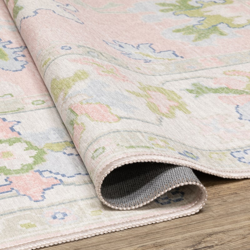 Addison Traditional Bordered Floral Pink/ Green Printed Washable Flat Pile Area Rug