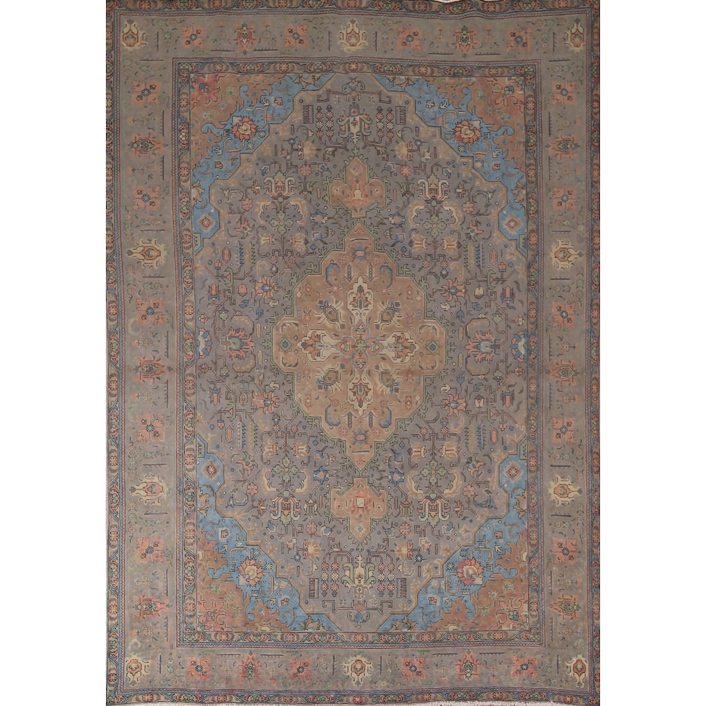 Gray Tabriz Persian Vintage Rug Hand-Knotted Wool Carpet - 8'0"x 10'10"