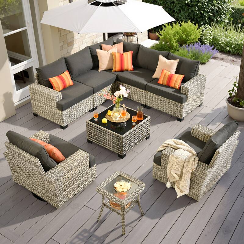 HOOOWOOO 9-piece Patio Wicker Sofa Swivel Chair Sectional Set - Black