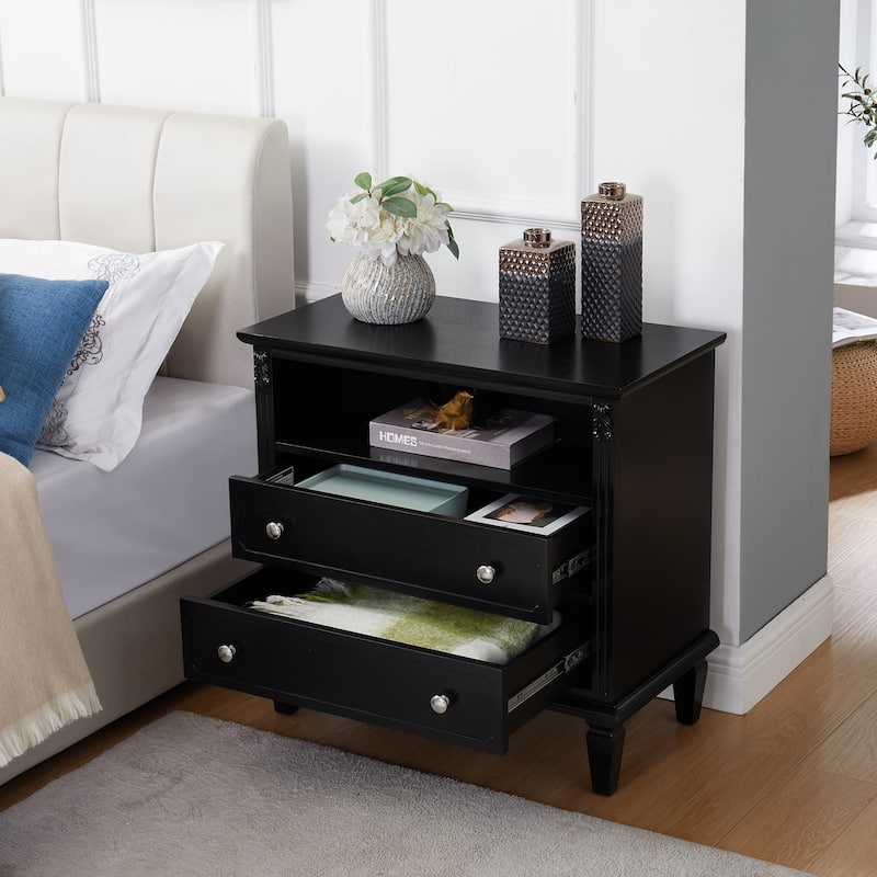Farmhouse 2-Drawer Dresser Nightstand with Charging Station, USB Ports, Open Shelf & Solid Wood Legs
