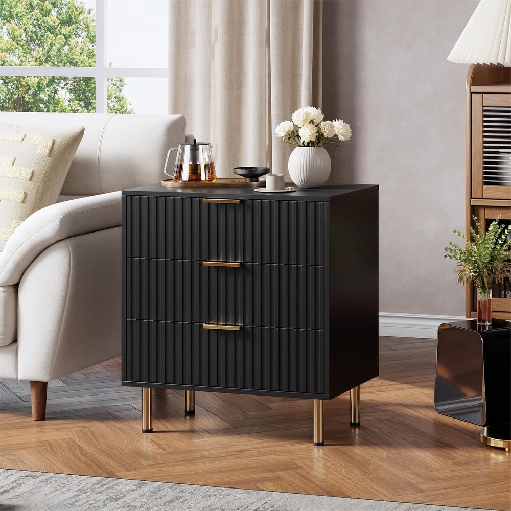 Fluted 3 Drawer Dresser for Bedroom, Modern Wooden Chest with Deep Drawers and Wide Top