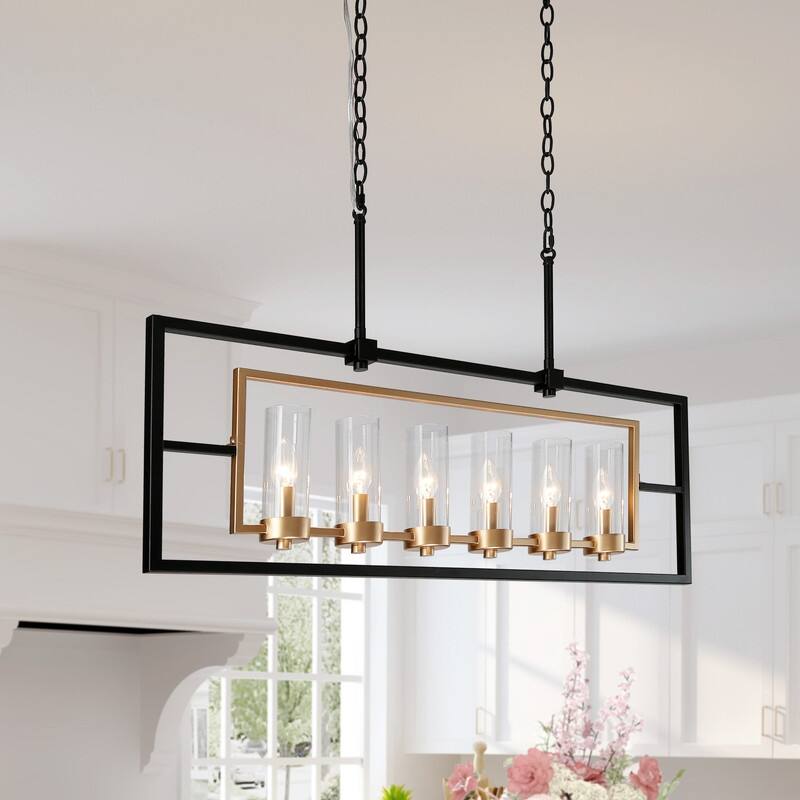 Modern Glam 6-light Linear Kitchen Lights Black Gold Glass Candle Chandelier