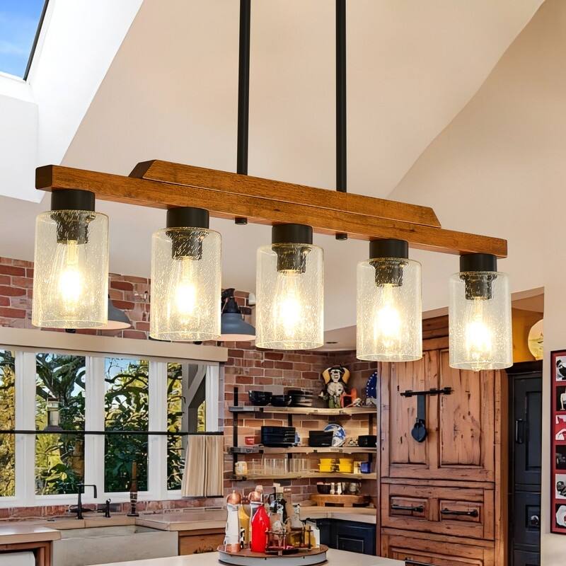Farmhouse Chandelier for Dining Room Kitchen Island Rustic Wood Linear Pendant Light with Seed Glass Shade - 35.43