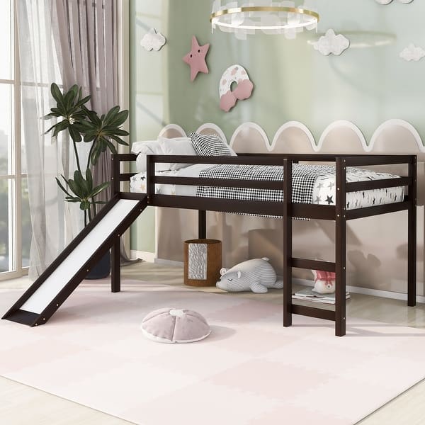 slide 2 of 44, Twin Size Solid Wood Loft Bed with Slide, Fence and Multifunctional Design for Bedroom Espresso