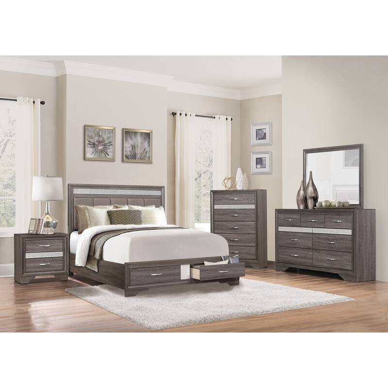 Gray and Silver Glitter Upholstered Queen Platform Bed with Footboard Drawers and Channel-Padded Headboard
