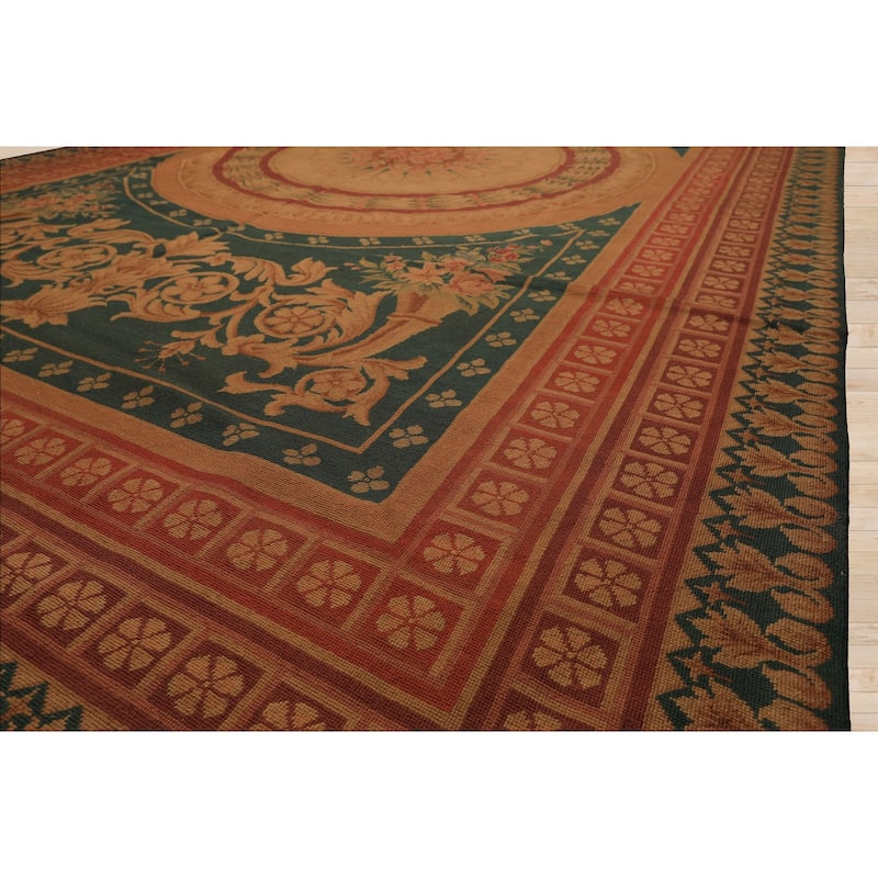 7'4''x11'7'' Hand Woven Wool Teal French Needlepoint Flatweave Area Rug - 7' 4'' x 11' 7''