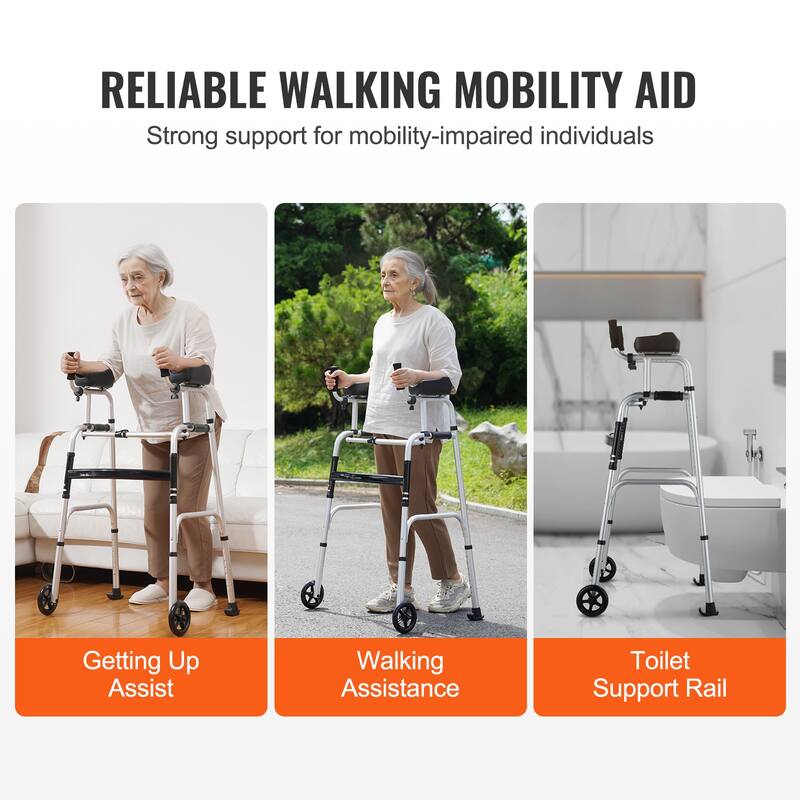 2 in 1 Folding Walker & Removable Armrests, Height Adjustable Foldable Walker with 5" Solid Wheels, Lightweight Aluminum