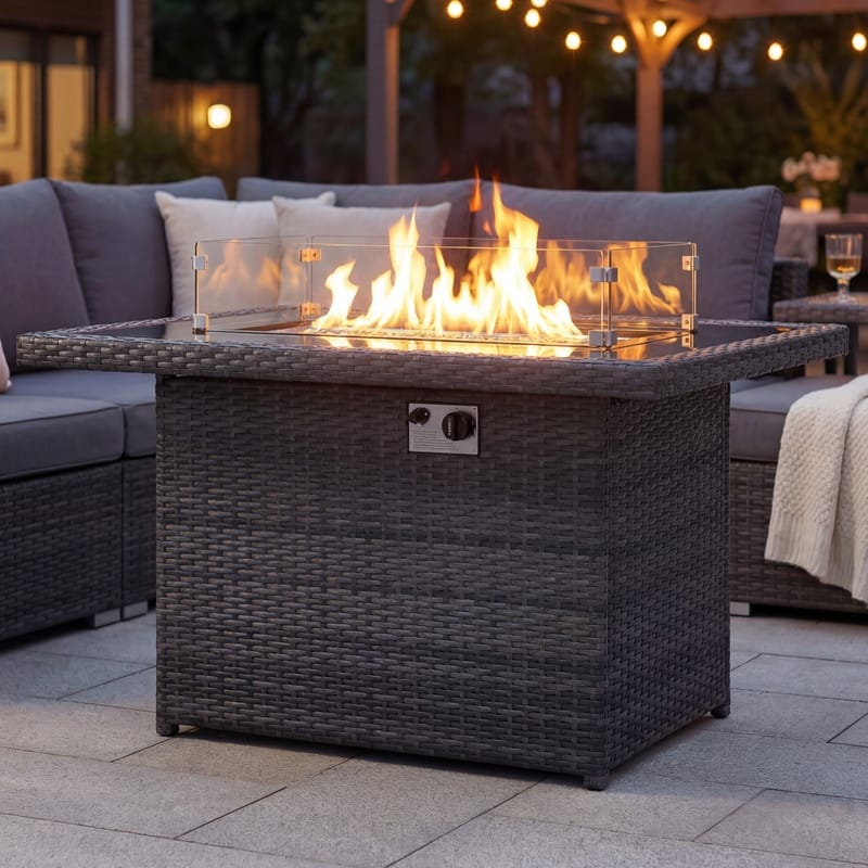 43" Wicker Outdoor Propane Fire Pit Table, 60,000 BTU, Wind Guard - Grey