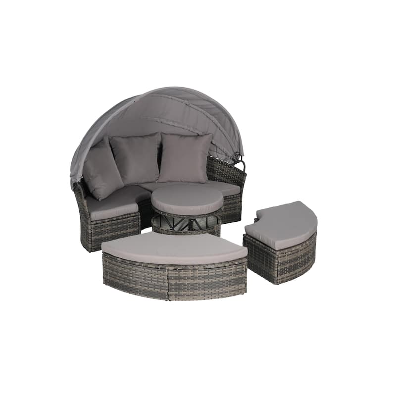 5-Piece Round Daybed Sunbed with Canopy & Removable Cushions