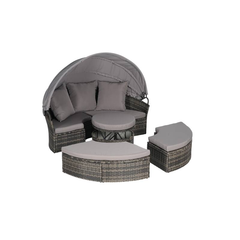 5 Pieces Outdoor Patio Round Daybed Furniture, Wicker Conversation Set with Retractable Canopy, Soft Cushions