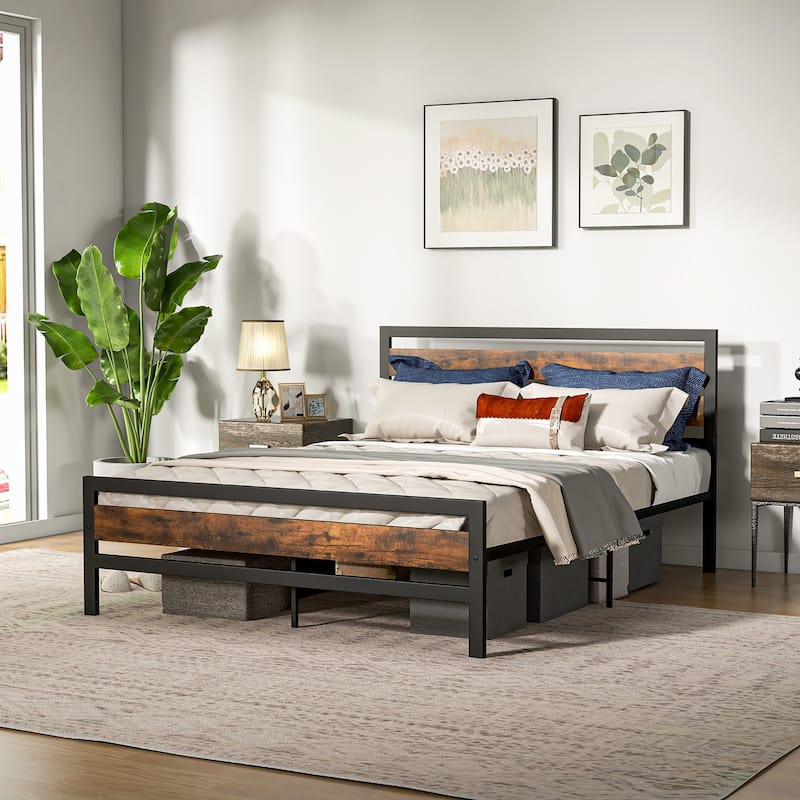 Costway Full/Queen Industrial Metal Platform Bed Frame Rustic - Queen