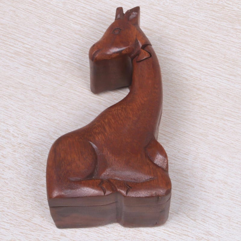 Handmade Resting Giraffe Wood Puzzle Box (Indonesia) - 2.2" H x 3" W x 5.5" D