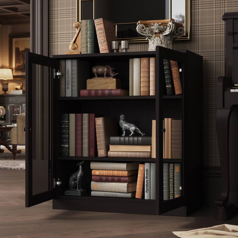 Palace Imports Premium 100% Solid European Oak Hardwood 3-Shelf Modular Bookcase with Tinted Glass Doors - 32" Wide, 35.75" Tall