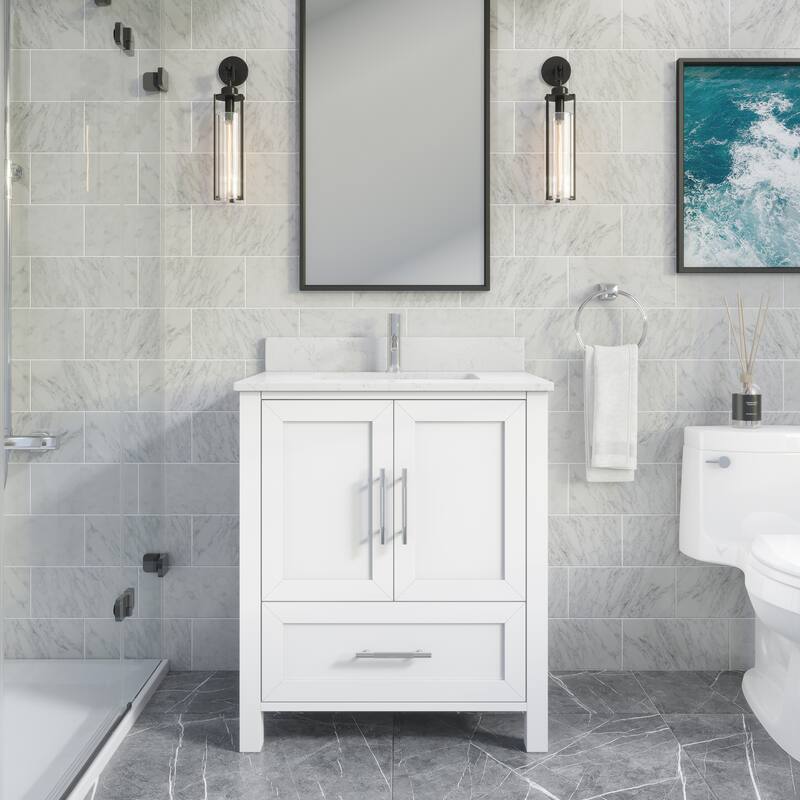 Banff 30-in Single Bath Vanity with Engineered Stone Top and Drawer Organizer - White
