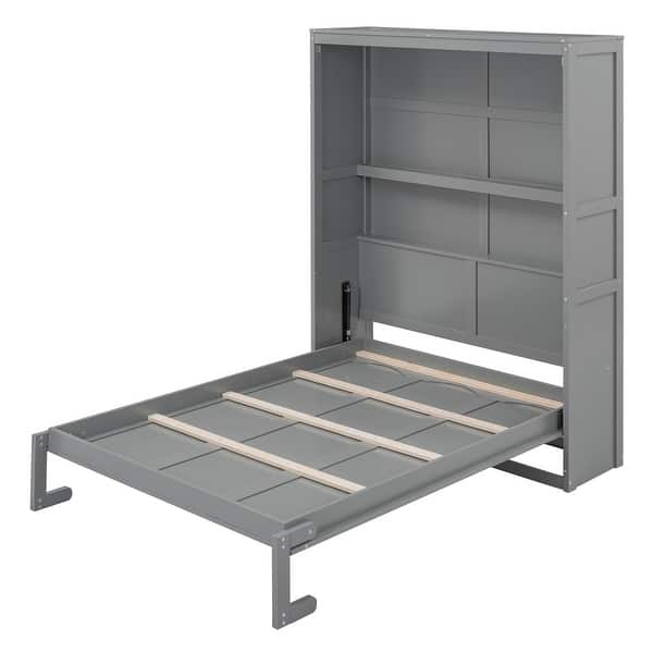 slide 2 of 18, Full Murphy Bed Cabinet Folding Beds w/ Bookcase Headboard Gray - Full