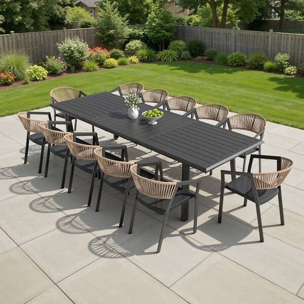 slide 2 of 30, 9/11/13-Piece Patio Dining Set Outdoor All-Weather Aluminum Dining Table and Woven Twist Wicker Stackable Chairs Brown - Set of 13