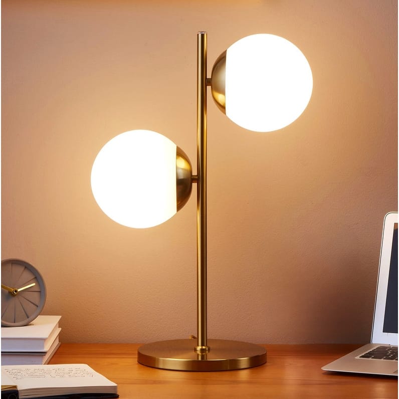 Brightech Sphere 20 in. Antique Brass Mid-Century Modern Integrated LED Desk Table Lamp with Built-In 3-Way Dimmer