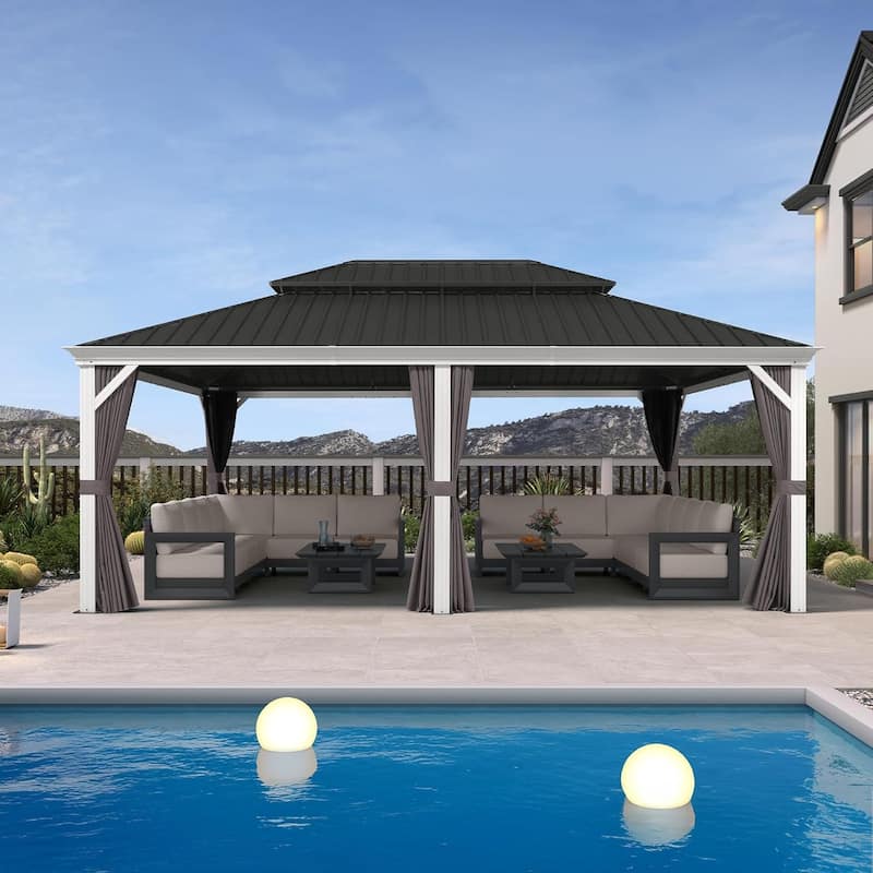 PURPLE LEAF Patio Hardtop Gazebo Pro for Outdoor Grey Galvanized Steel Double Roof White Aluminum Poles