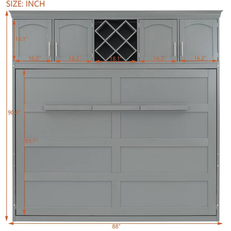 Queen Wall Bed with Upper Storage Cabinets and Built-In Wine Rack, Folding Murphy Bed with Slatted Base