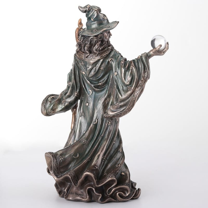 8.07 inches Height Cold Cast Bronze Wizard Holding Crystal Ball and Staff Bronze Finish Figurine