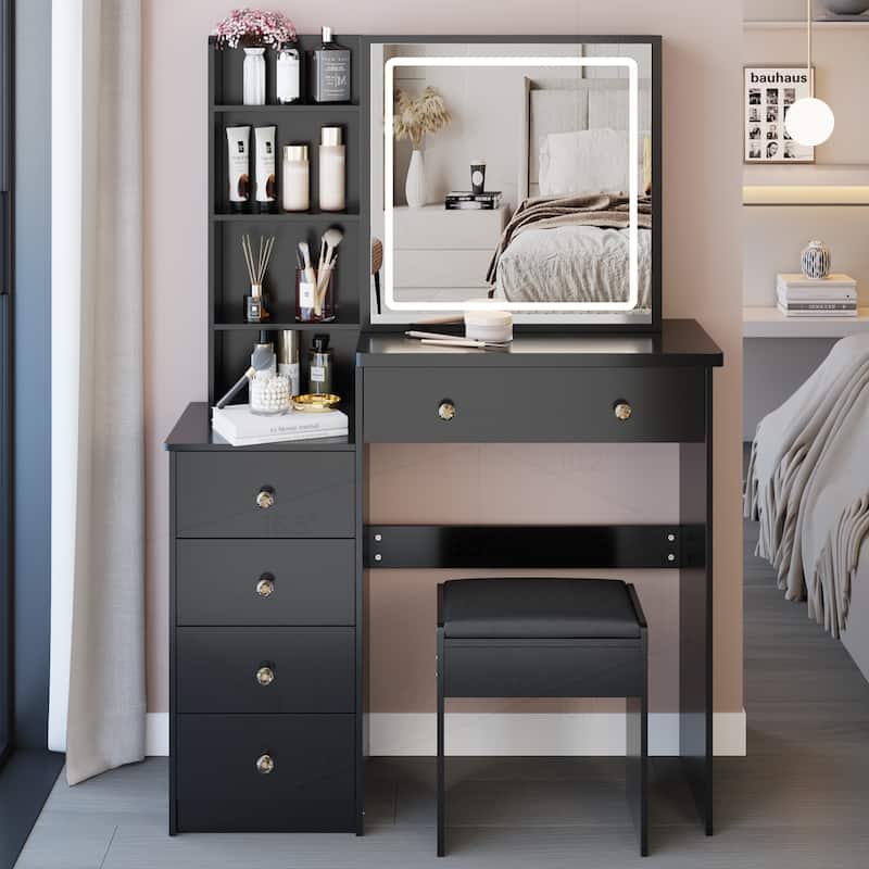 Versatile Bedside Cabinet with Advanced LED Mirror and Abundant Storage - Black
