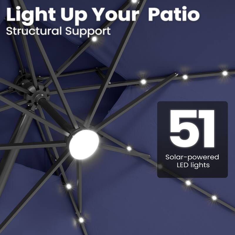 12 x 9 FT Outdoor Patio Cantilever Umbrella with Solar Lights Double Canopy 360 Rotation Tilt with Base