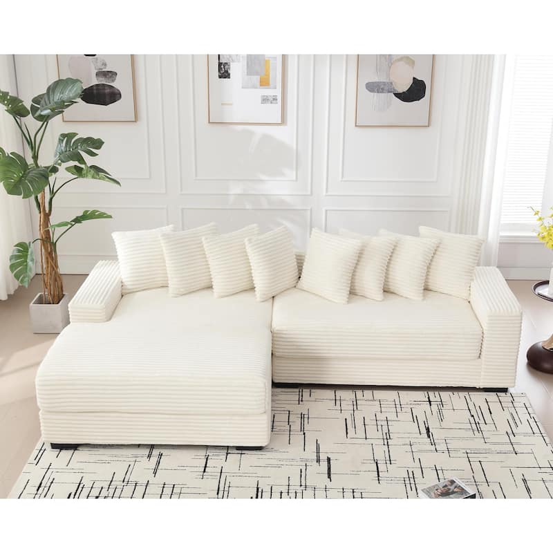 Beige 111" Corduroy L-Shaped Sectional Sofa with Left Chaise & 8 Pillows