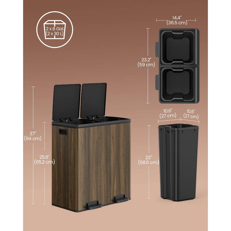 Stainless Steel Dual Compartment Trash Can with Soft-Close Lid Foot Pedal and Removable Inner Buckets