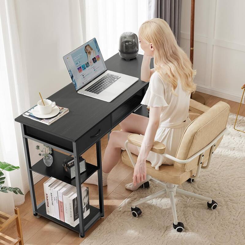 Computer Desk 48 Inch Home Office Bedroom Writing Study PC Table with Fabric Drawers Storage Shelves Space Side Bag