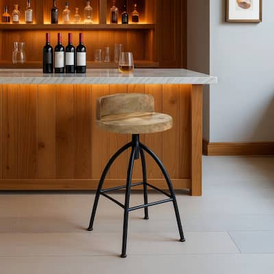 Pia 32-35 Extra Tall Adjustable Barstool, Natural Brown Mango Wood Seat, Black Iron Frame